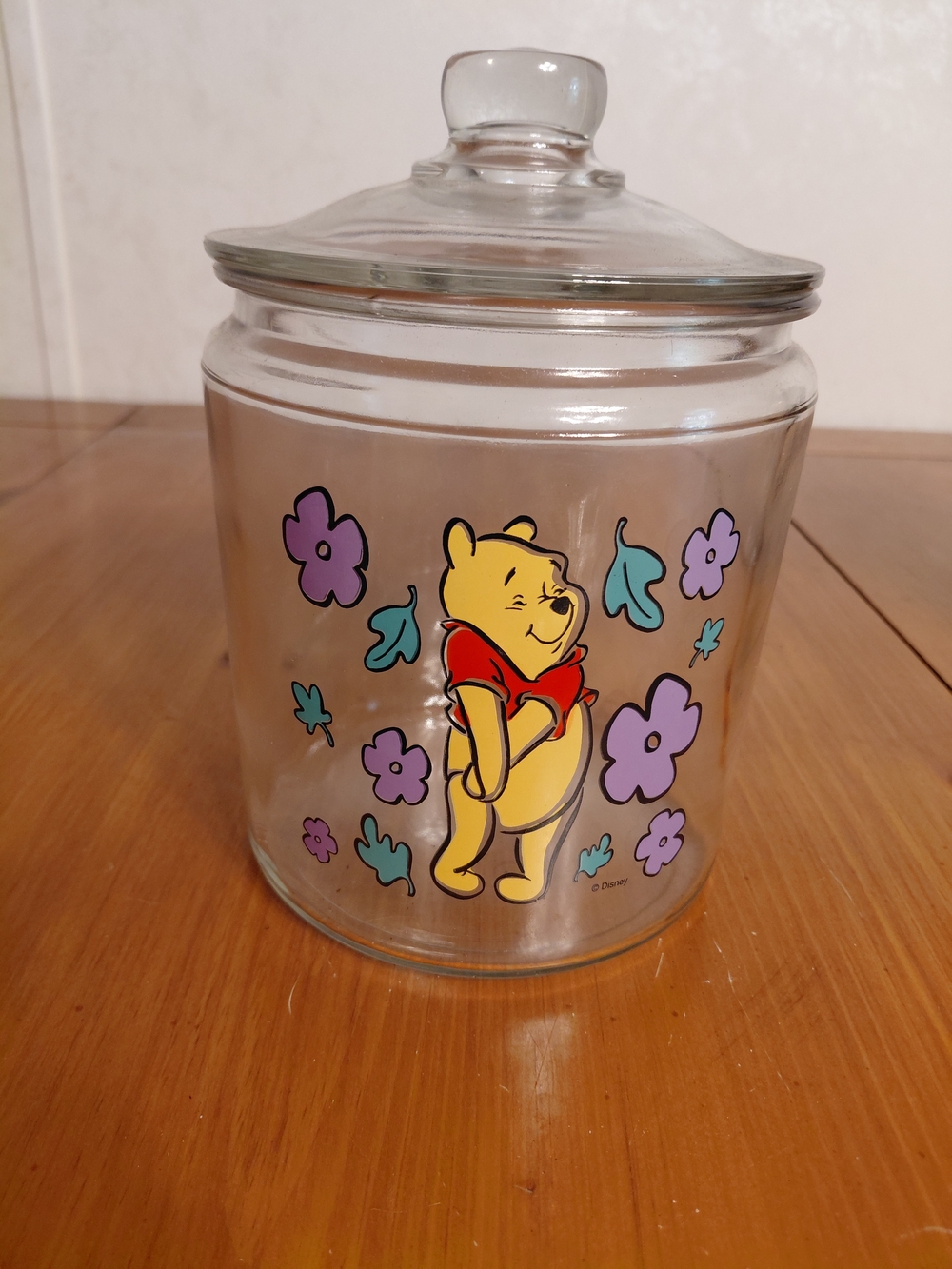Vintage Disney Winnie the Pooh Glass Cookie Jar - Yellow, Red, Purple, Teal